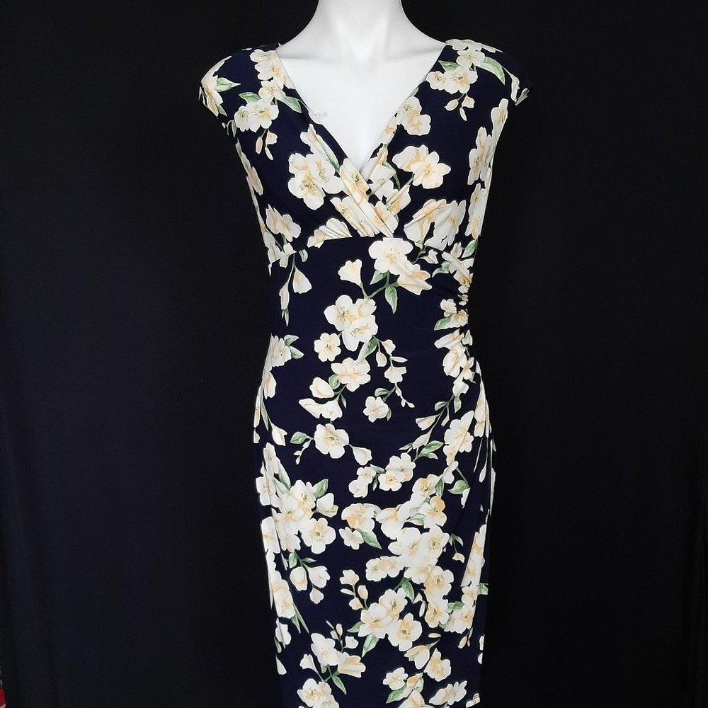 Ralph Lauren Side Shirred Floral Yellow and Navy Dress